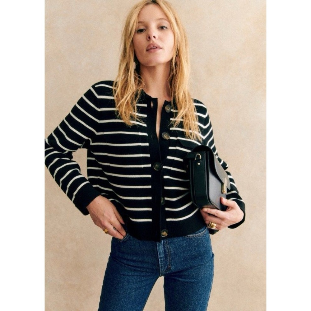 Sezane Betty Cardigan (Sz XXS) Merino Wool Black Ecru Stripe